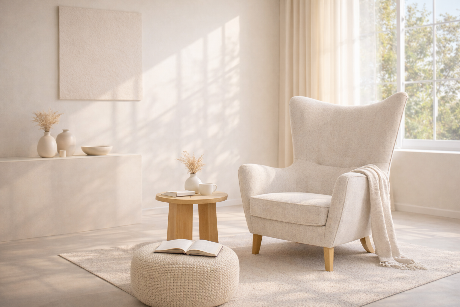 Крісло Лестер — Cloud Dancer у мінімалістичному просторі